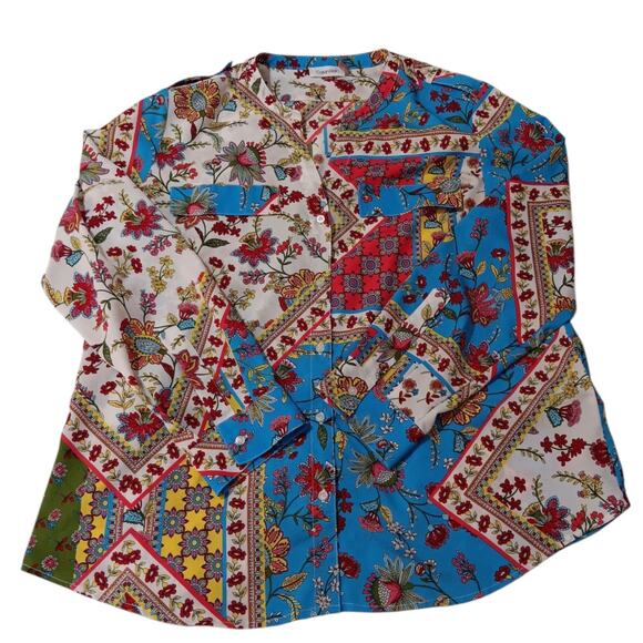 Artsy Colorful‎ Floral V-Neck Button Blouse Top XL Long or 3/4 Roll Tab Sleeves - Picture 3 of 10